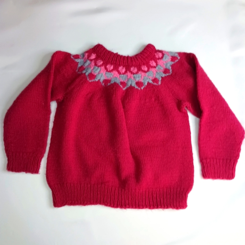 Vintage Dark Pink with Grey Detail Wool Knit Sweater.